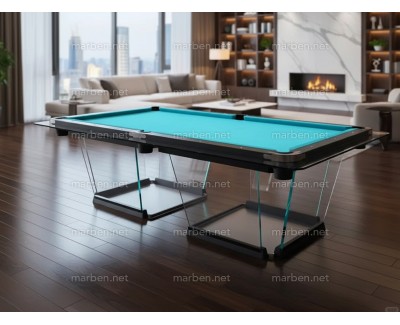 MESA DE BILLAR LUXURY GLASS2,  DE CRISTAL TEMPLADO ESTRUCTURA DE ACERO INOXIDABLE, 7FT ó 8FT